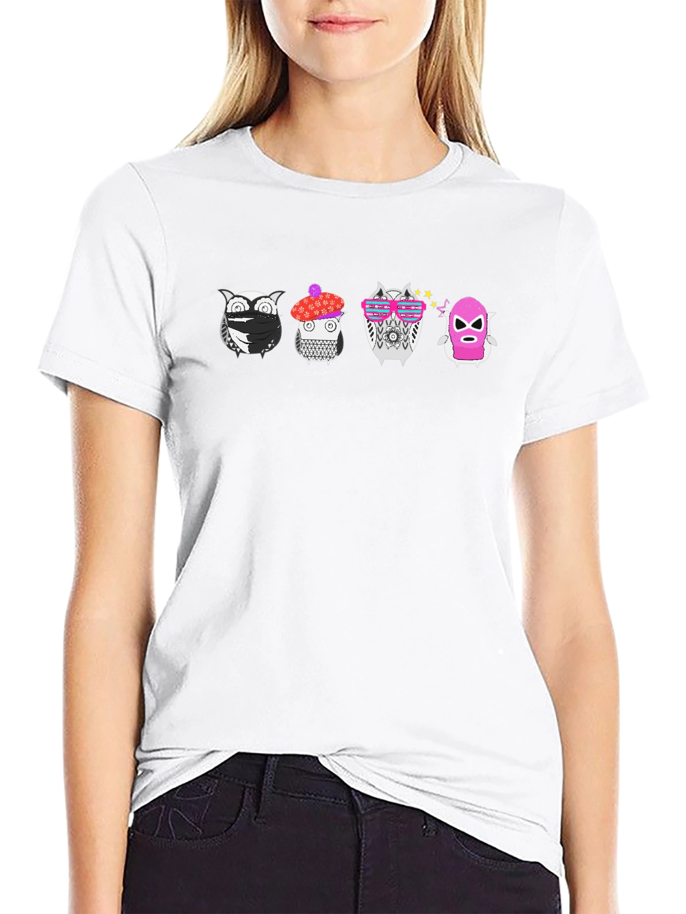 Funky Owls Graphic Tee - Black Crew Neck