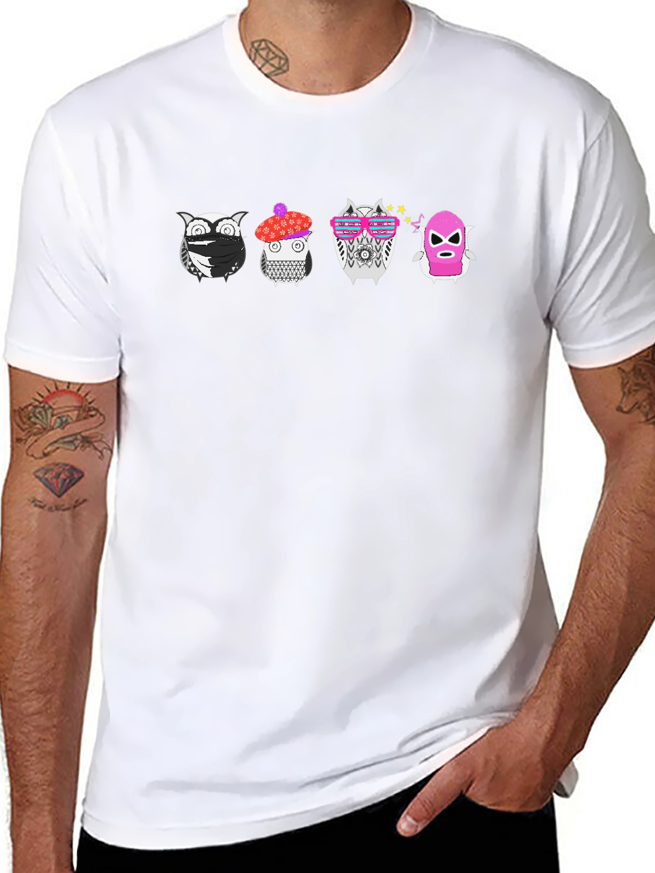 Funky Owls Graphic Tee - Black Crew Neck