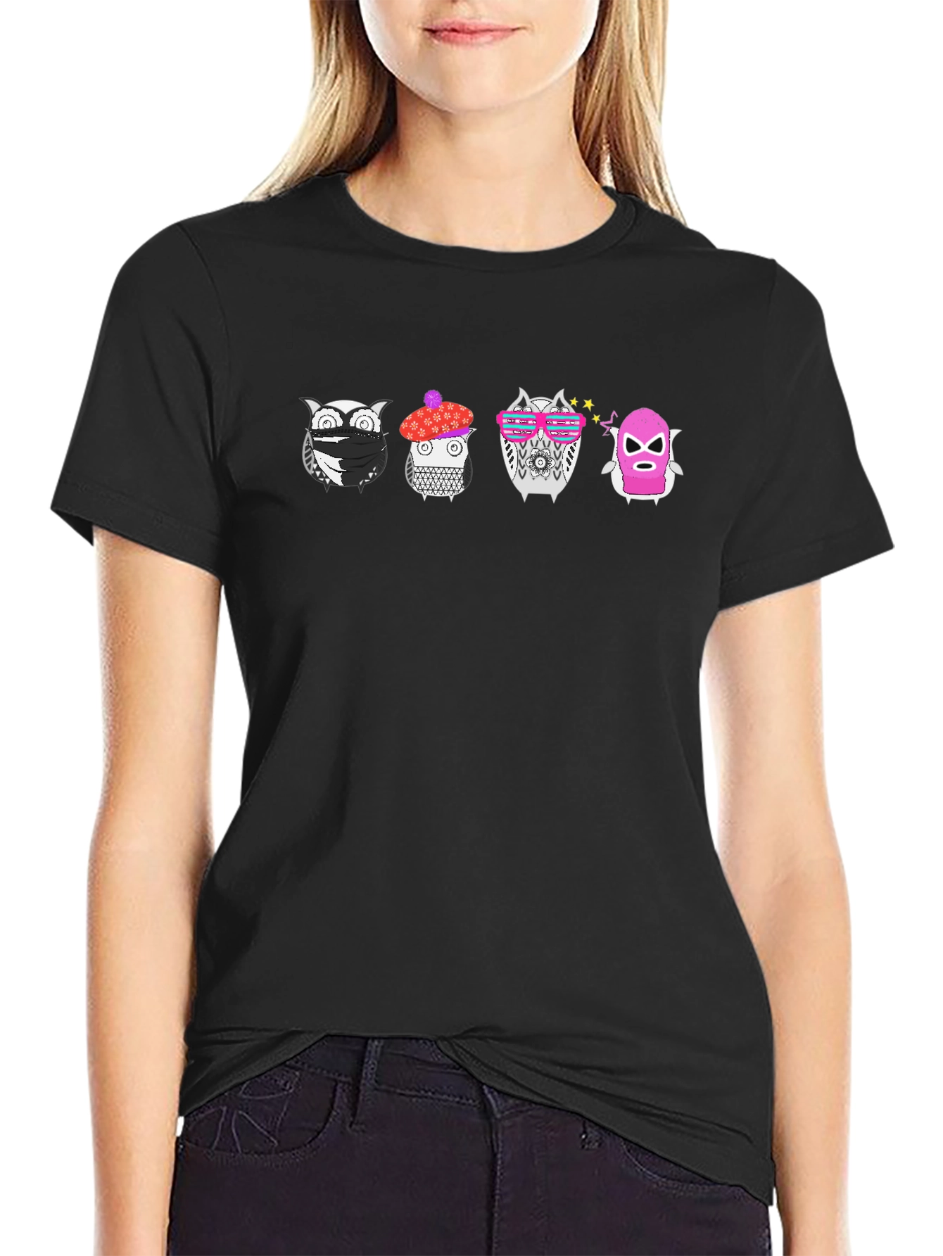 Funky Owls Graphic Tee - Black Crew Neck