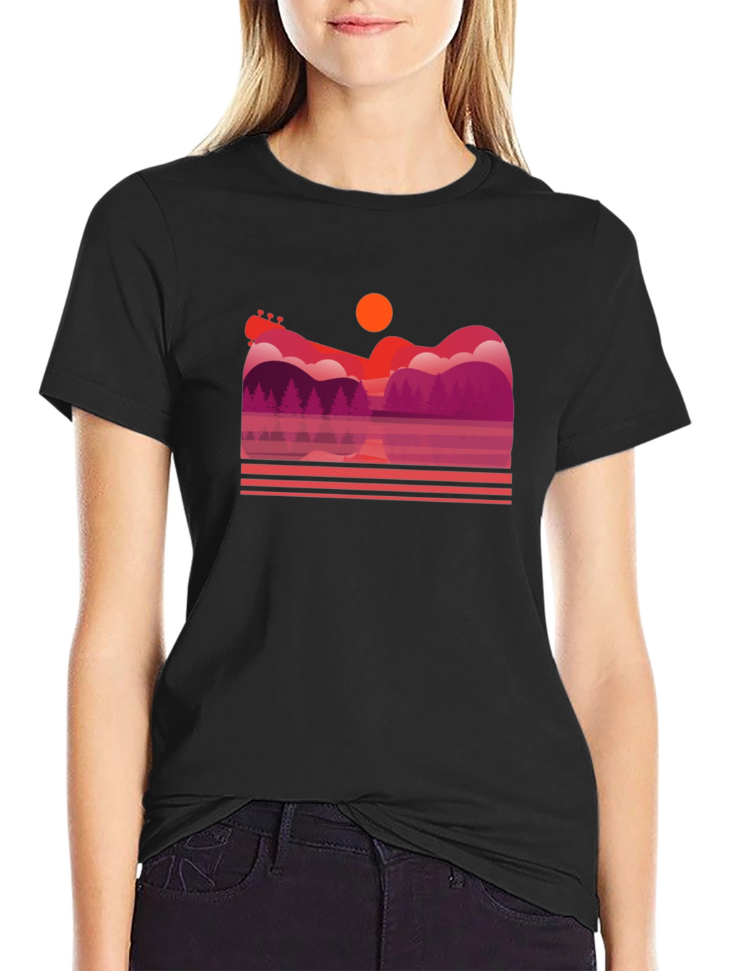 Sunset Guitar Lake Graphic T-Shirt
