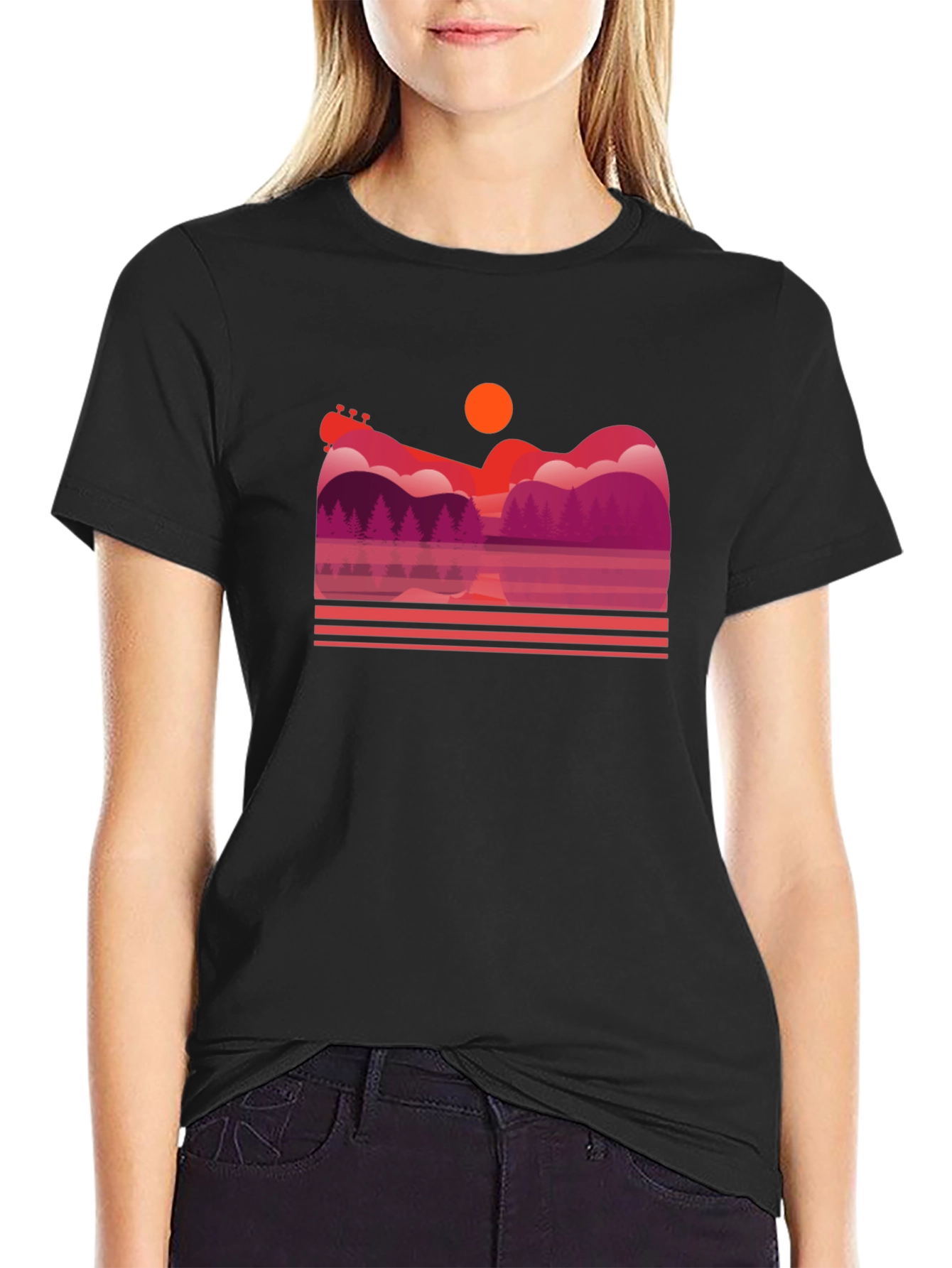 Sunset Guitar Lake Graphic T-Shirt