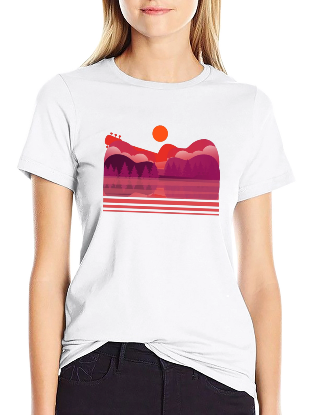 Sunset Guitar Lake Graphic T-Shirt