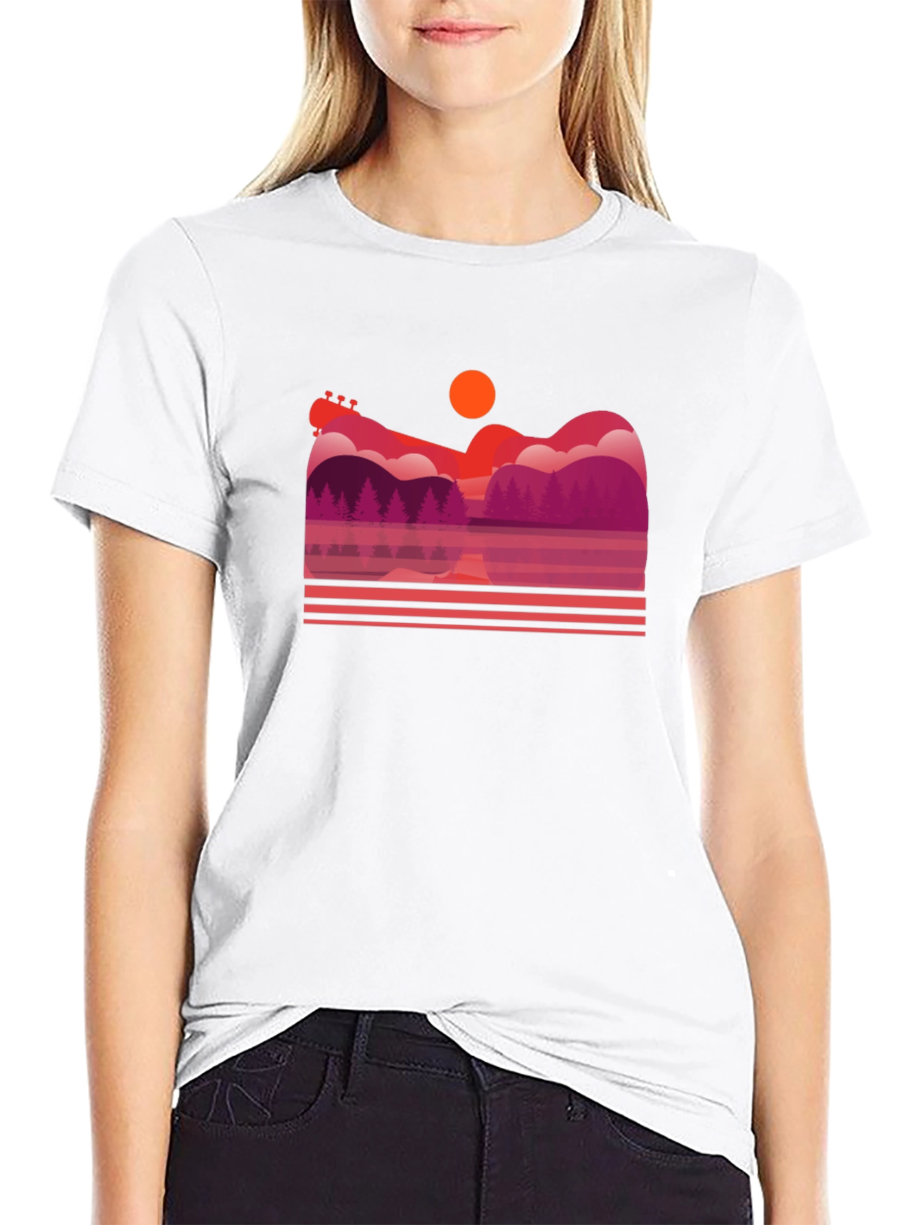 Sunset Guitar Lake Graphic T-Shirt