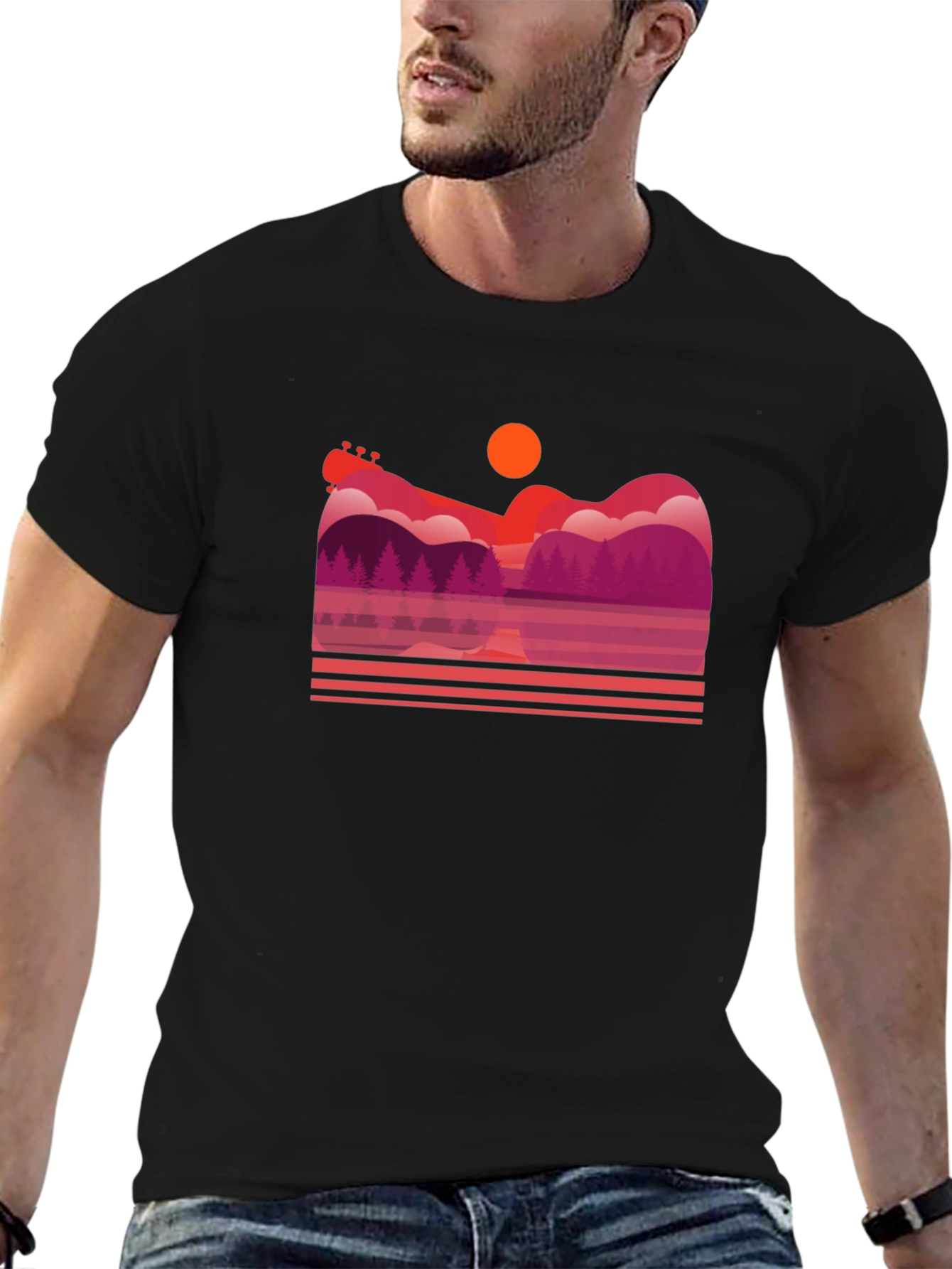 Sunset Guitar Lake Graphic T-Shirt