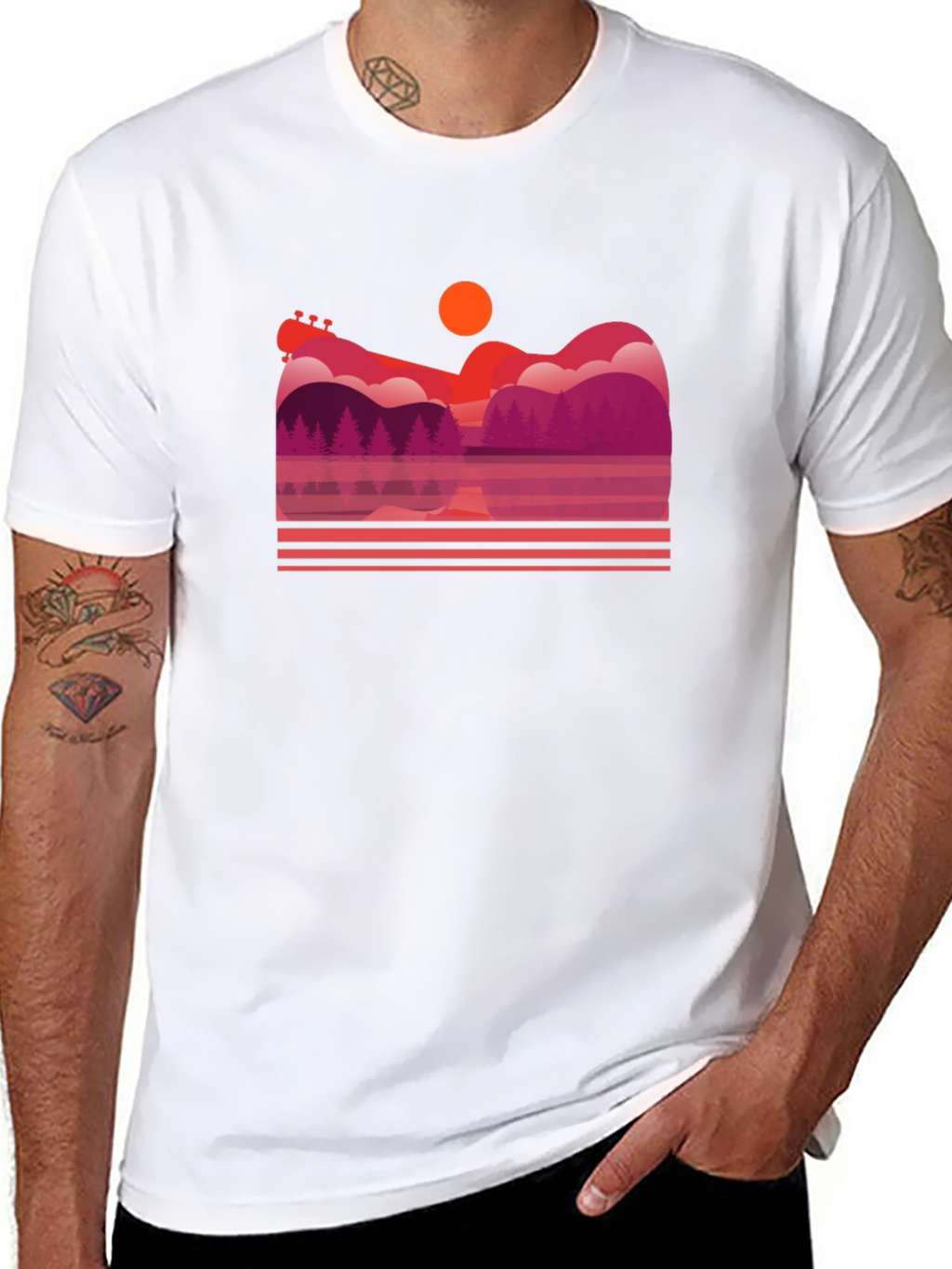 Sunset Guitar Lake Graphic T-Shirt
