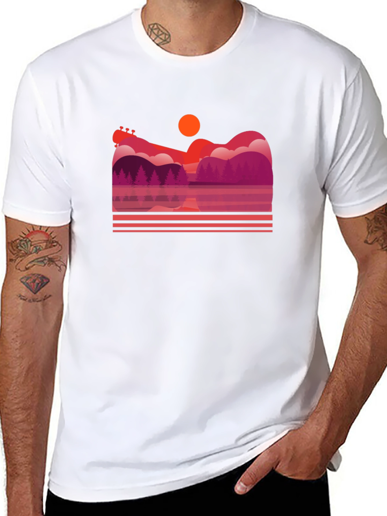 Sunset Guitar Lake Graphic T-Shirt