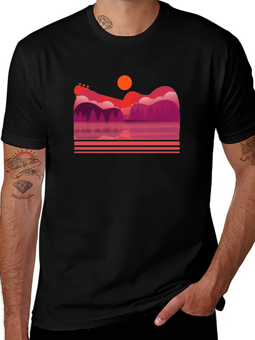 Sunset Guitar Lake Graphic T-Shirt
