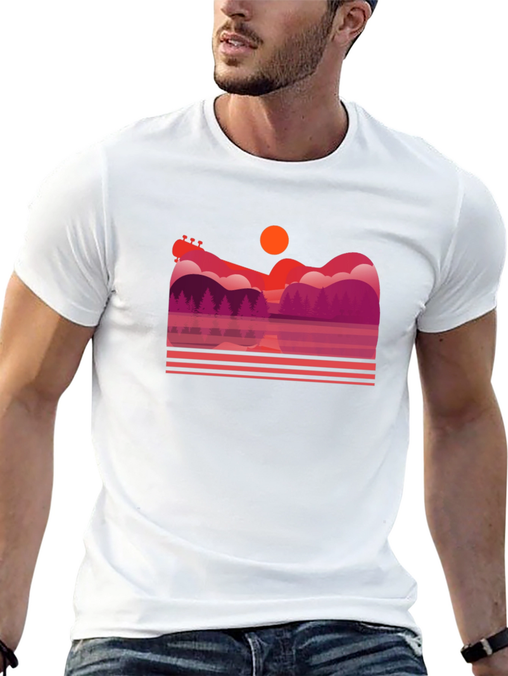 Sunset Guitar Lake Graphic T-Shirt