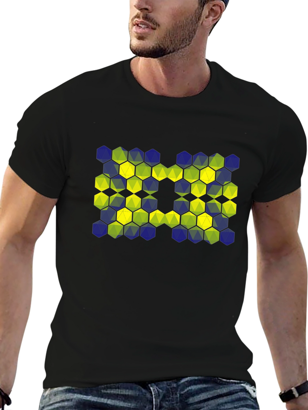 Geometric Hexagon Pattern T-Shirt - Black