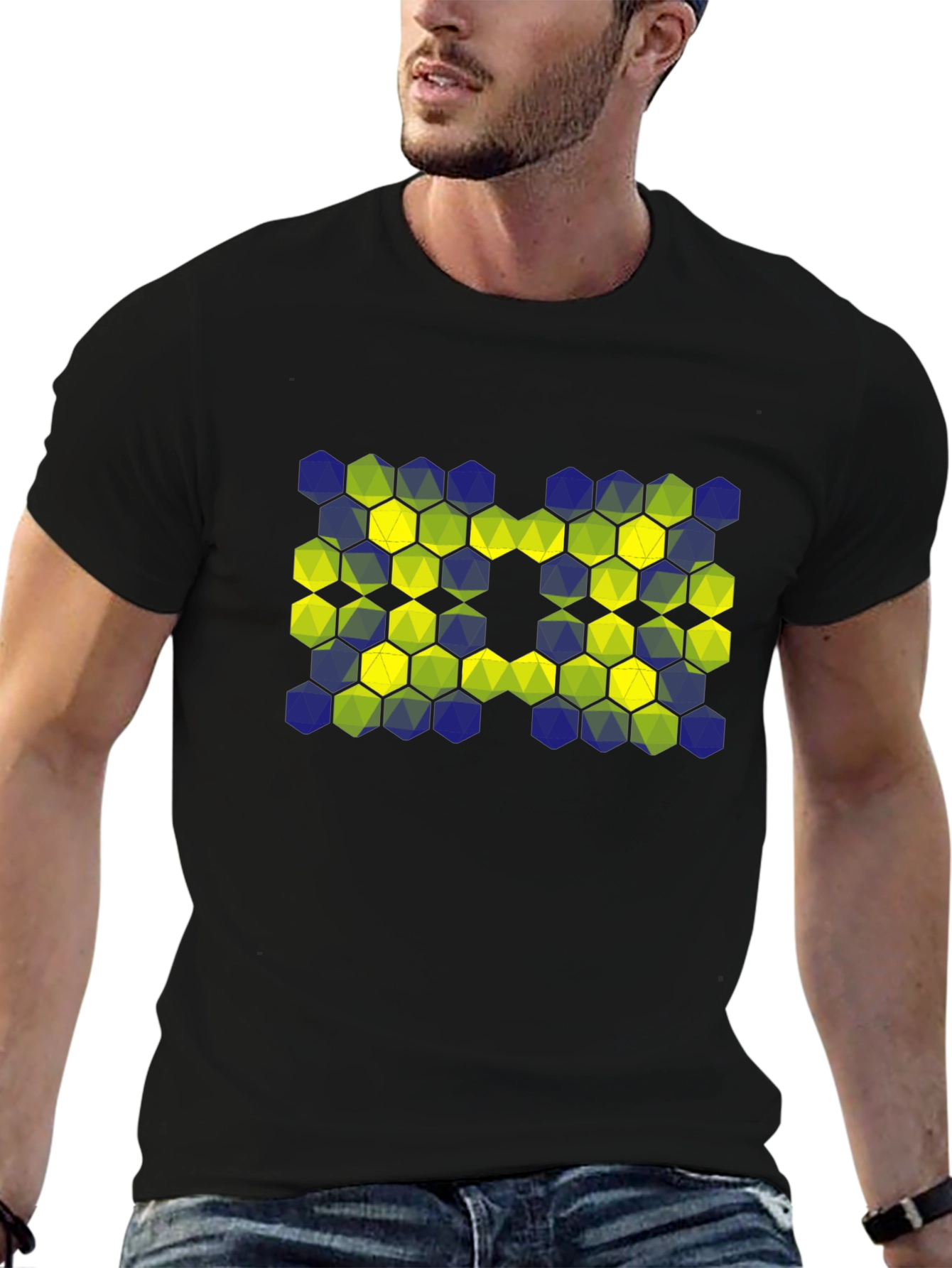 Geometric Hexagon Pattern T-Shirt - Black