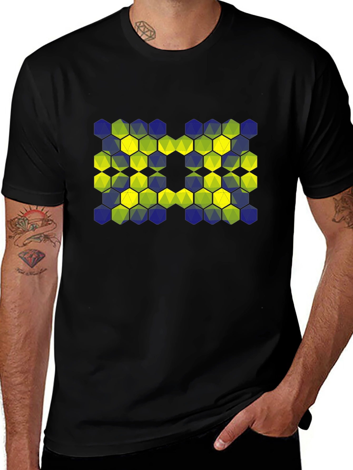 Geometric Hexagon Pattern T-Shirt - Black