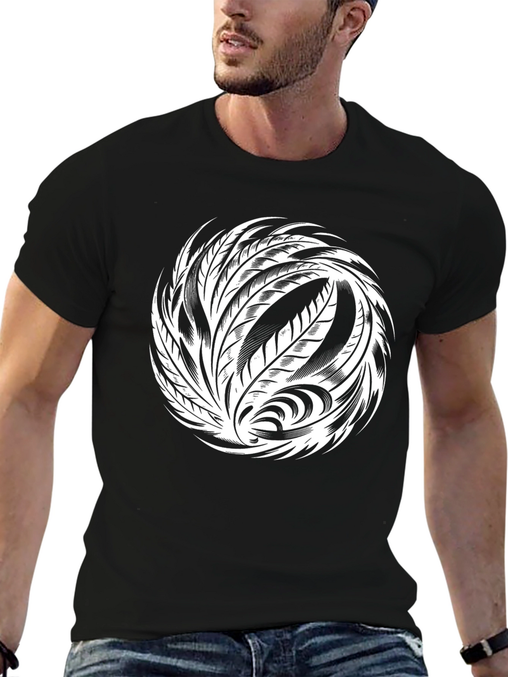 Tribal Feather Graphic Black T-Shirt