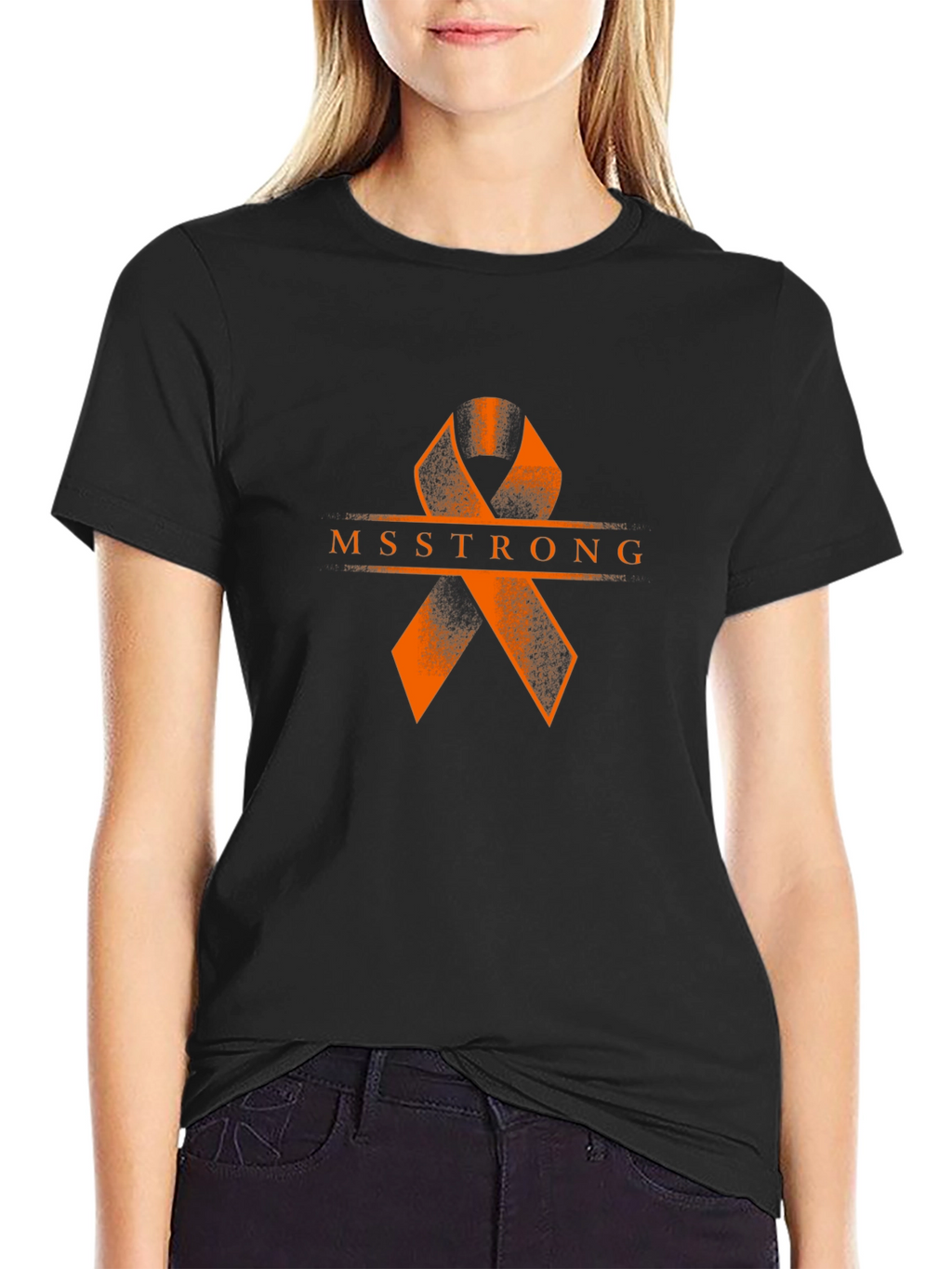 MS Strong Black Tee: Orange Ribbon Design