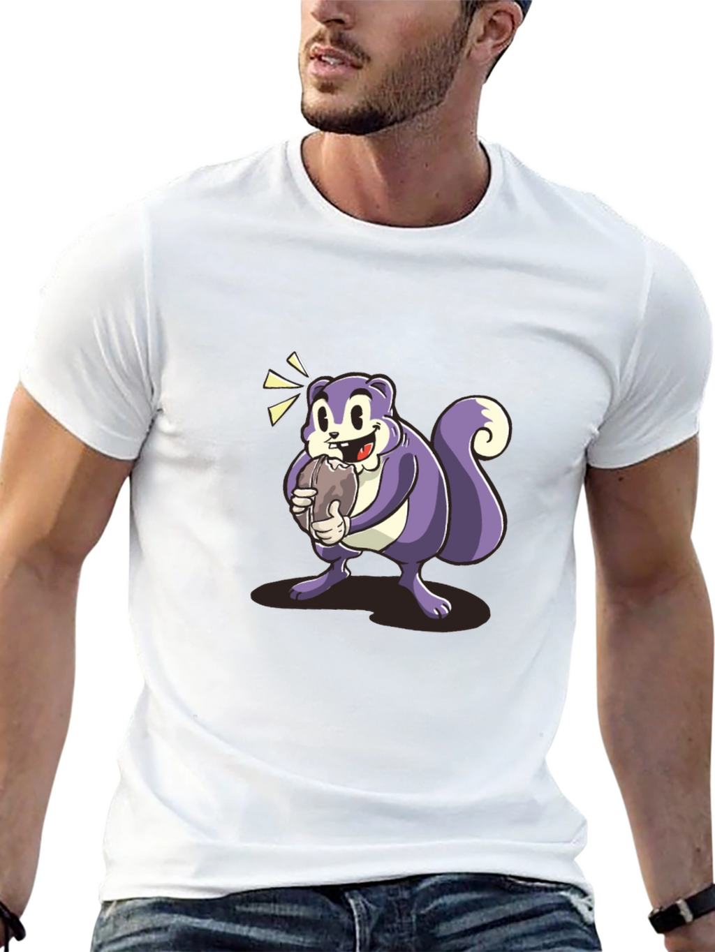 Cartoon Squirrel Graphic Tee - Black Cotton Blend