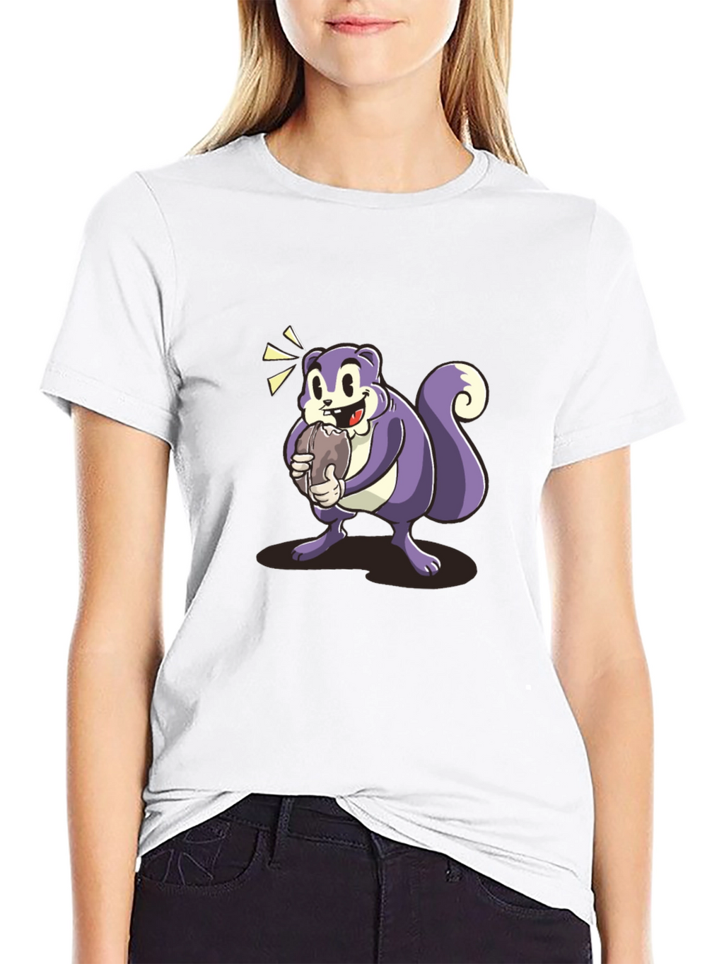 Cartoon Squirrel Graphic Tee - Black Cotton Blend