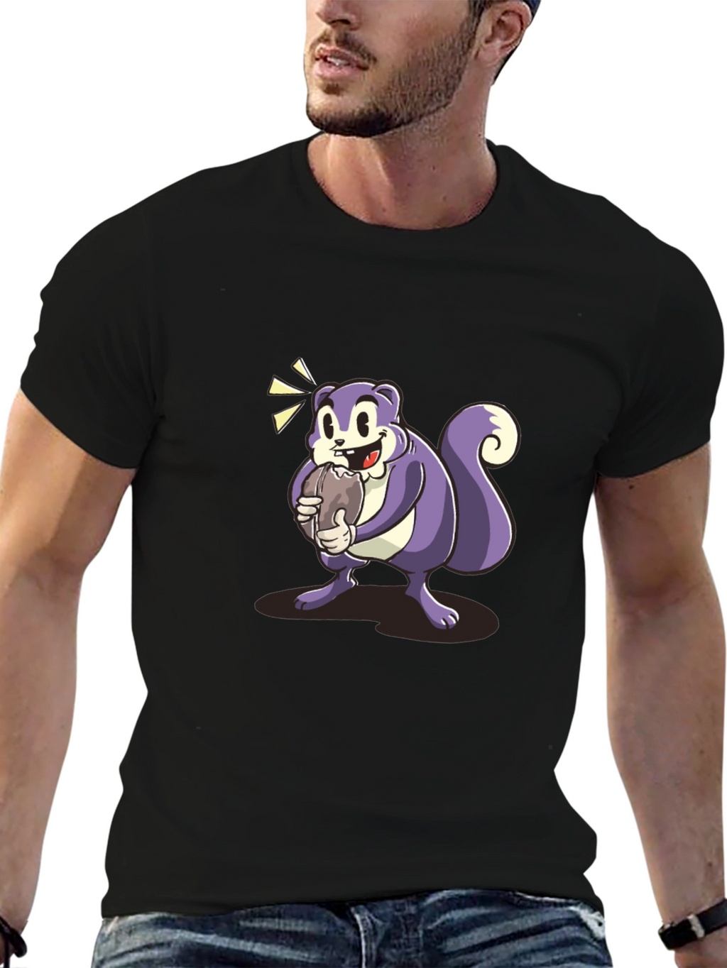 Cartoon Squirrel Graphic Tee - Black Cotton Blend