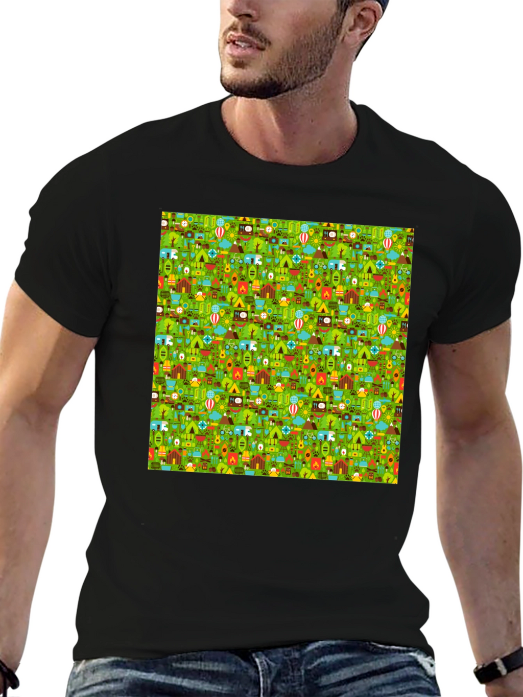 Camping Pattern Crew Neck T-Shirt