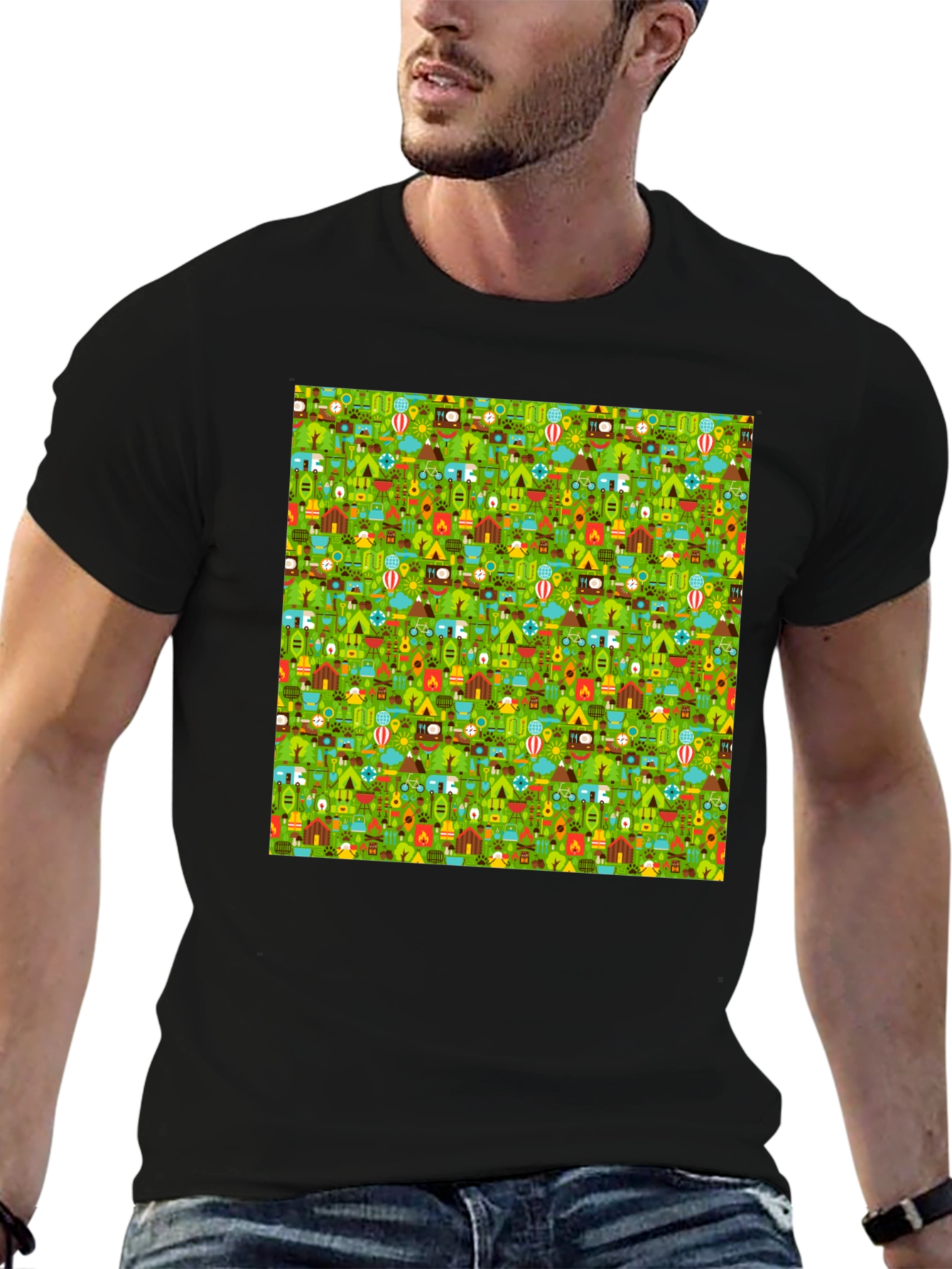 Camping Pattern Crew Neck T-Shirt