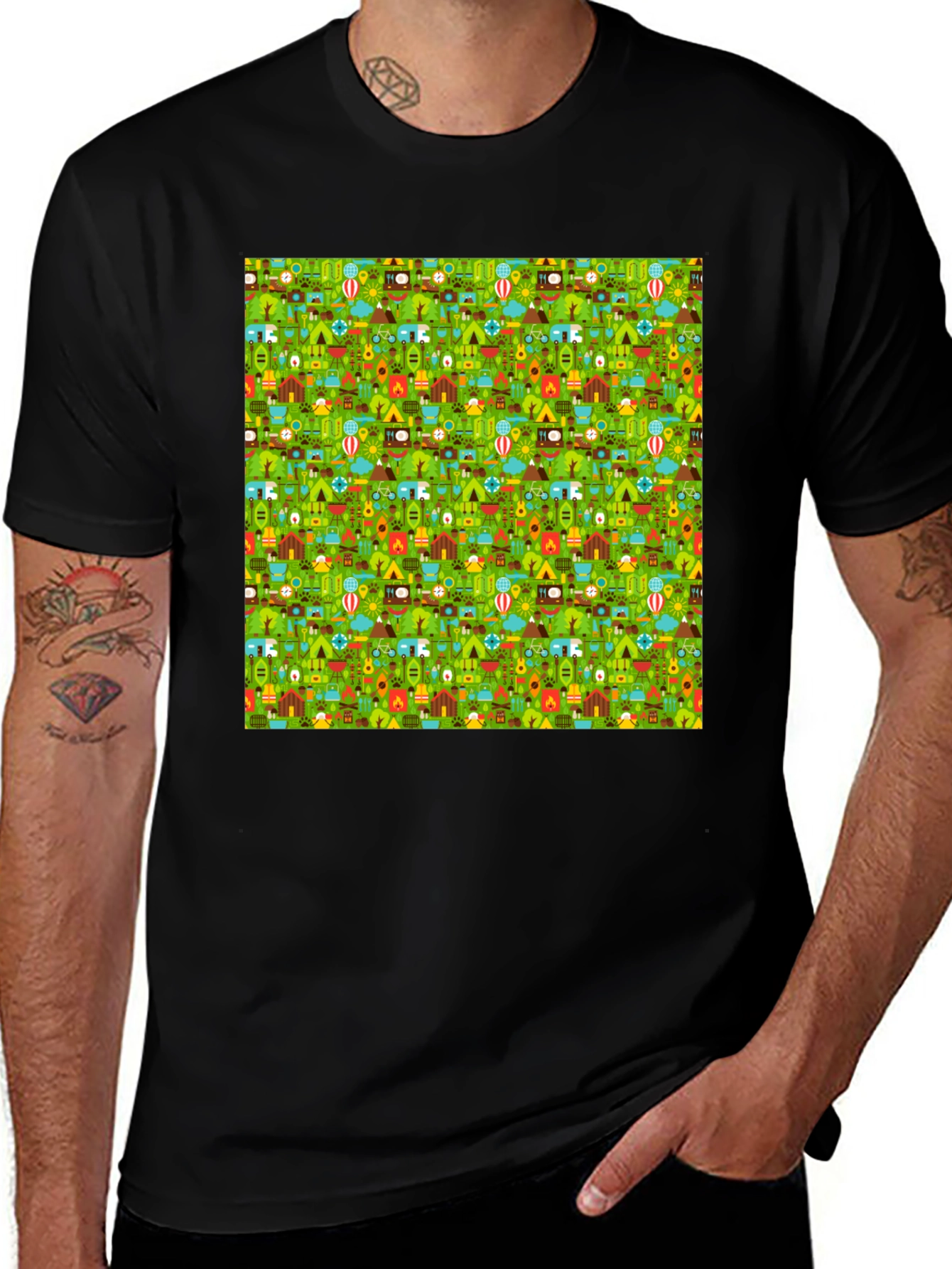 Camping Pattern Crew Neck T-Shirt
