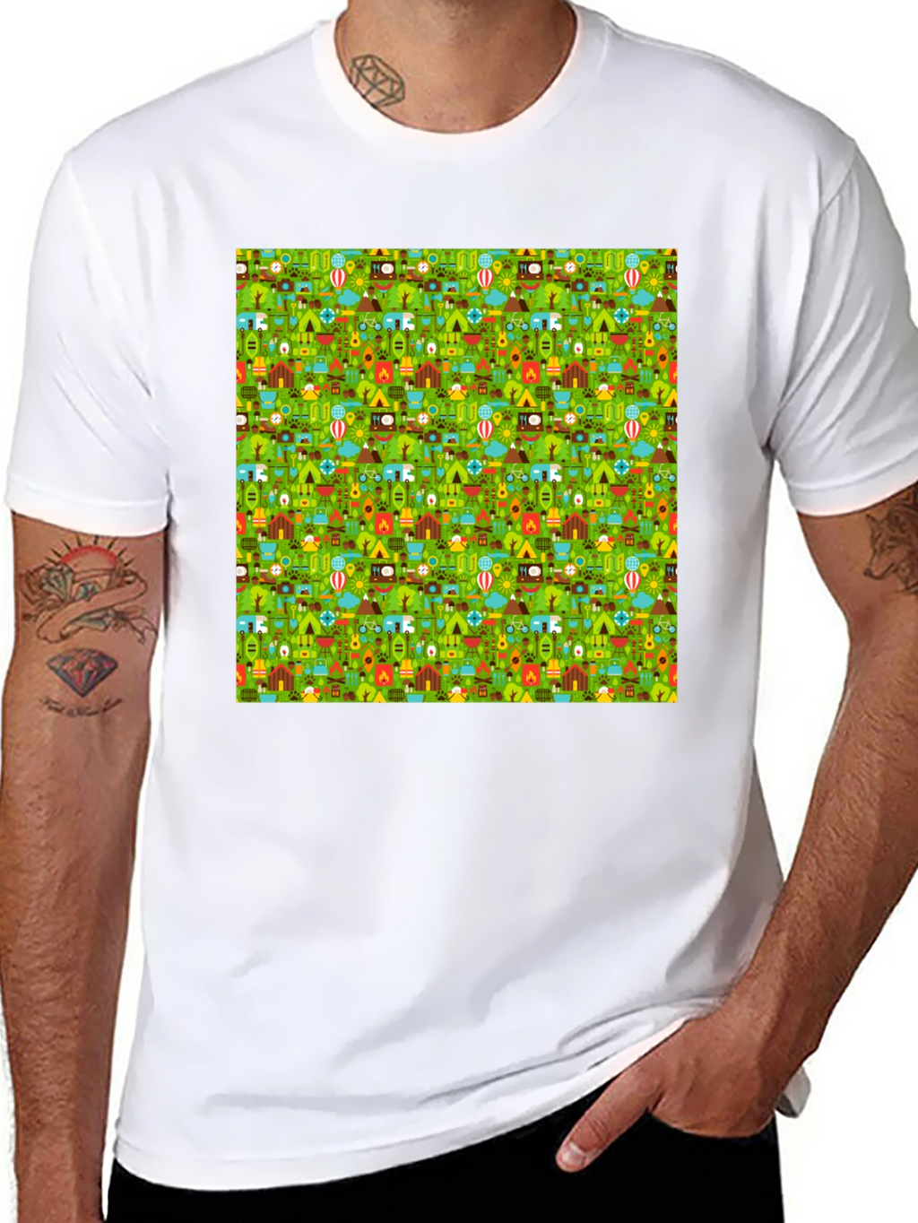 Camping Pattern Crew Neck T-Shirt
