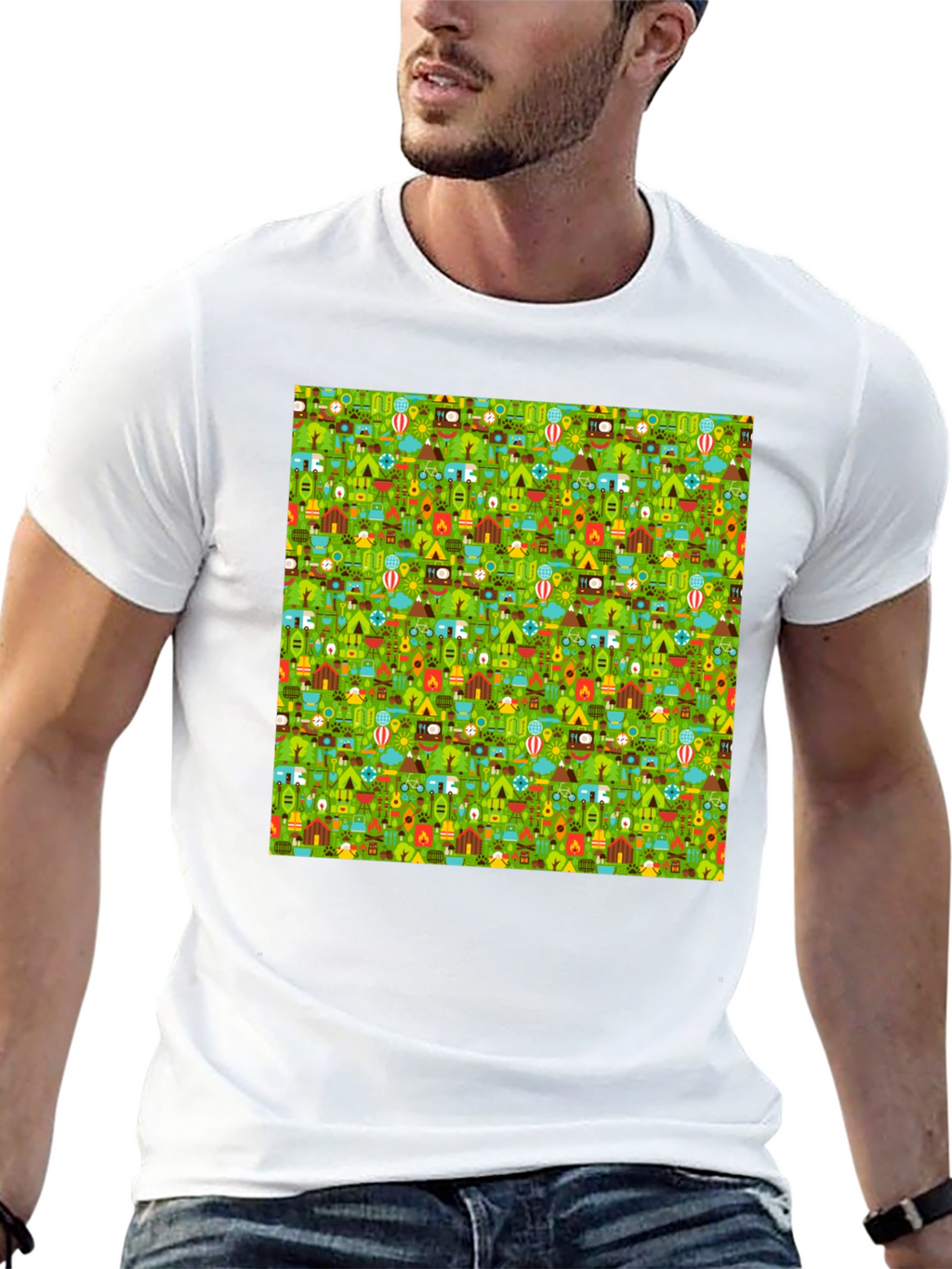Camping Pattern Crew Neck T-Shirt