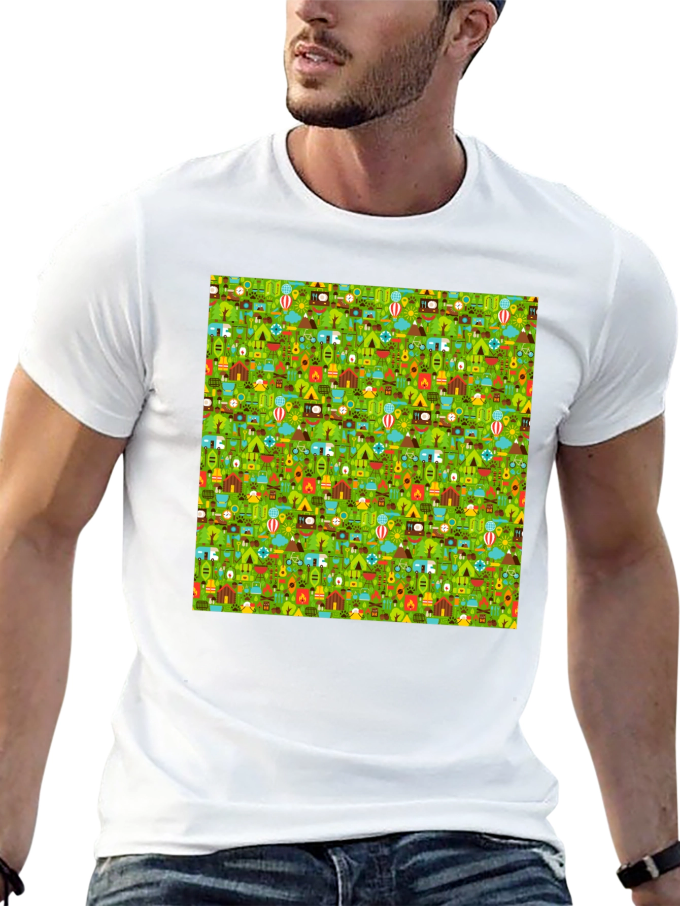 Camping Pattern Crew Neck T-Shirt