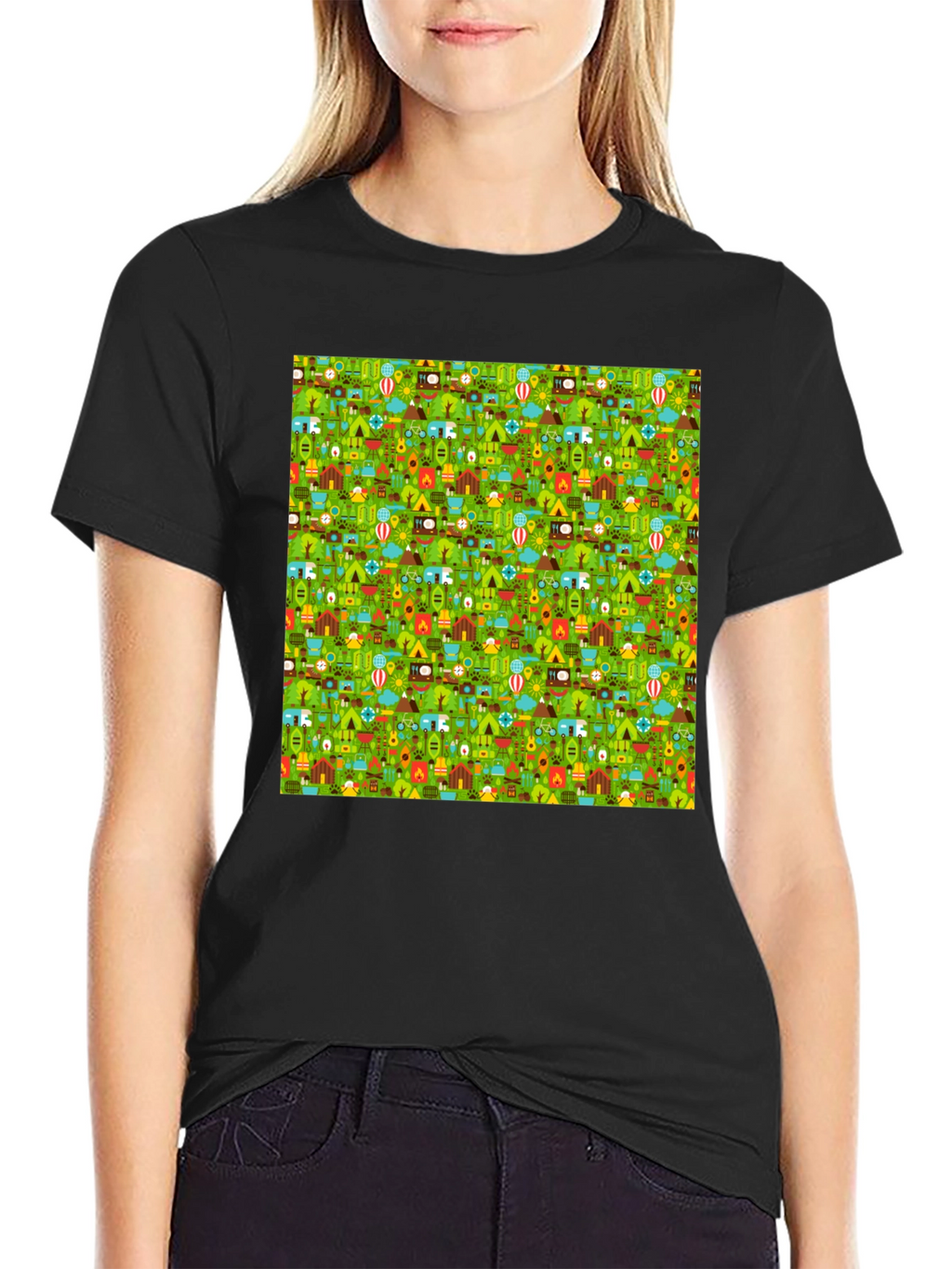 Camping Pattern Crew Neck T-Shirt