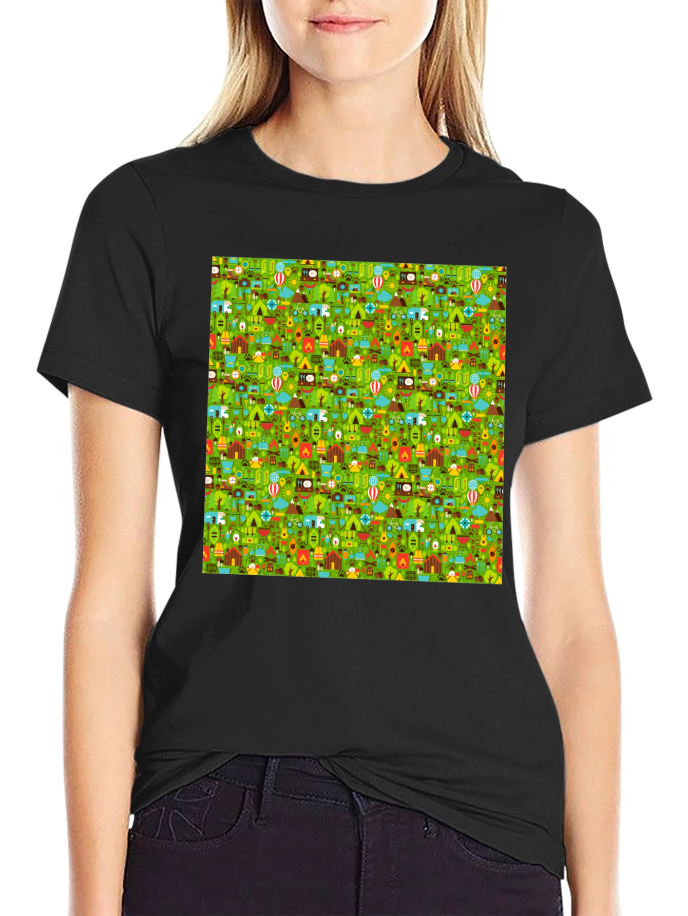 Camping Pattern Crew Neck T-Shirt
