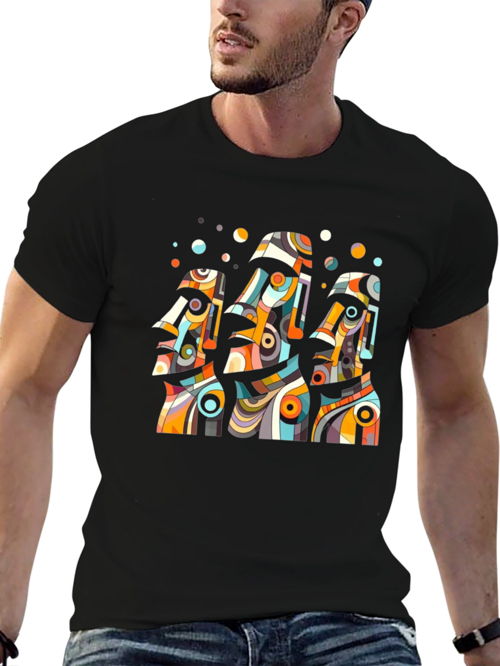 Abstract Moai Statue Graphic Tee - Black