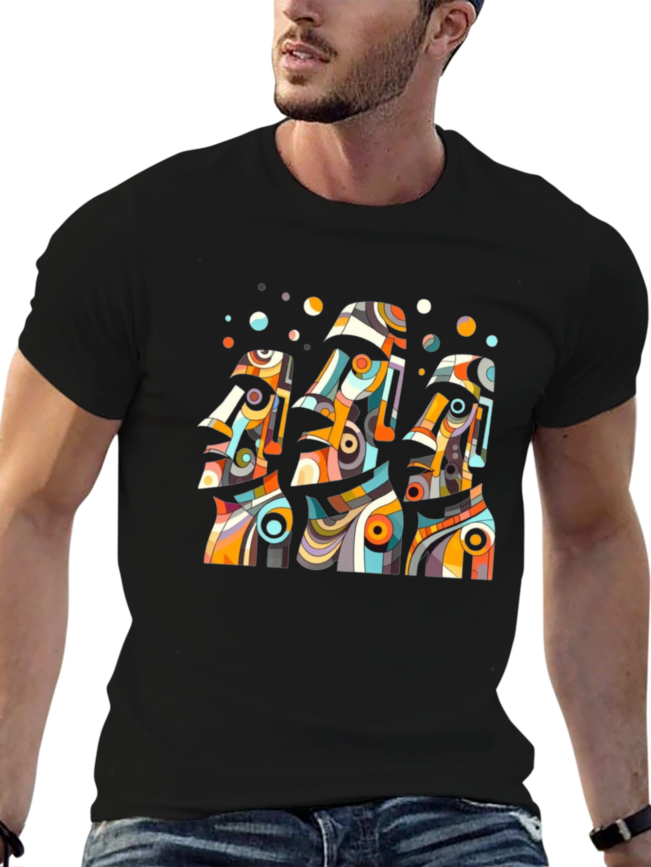 Abstract Moai Statue Graphic Tee - Black