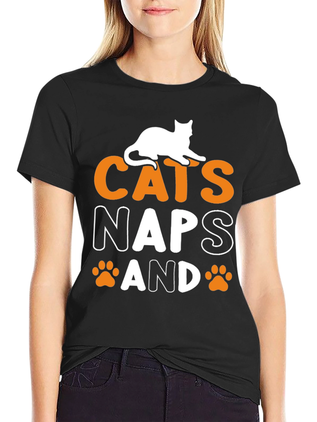 Cats Naps and Paw Prints Black Graphic Tee