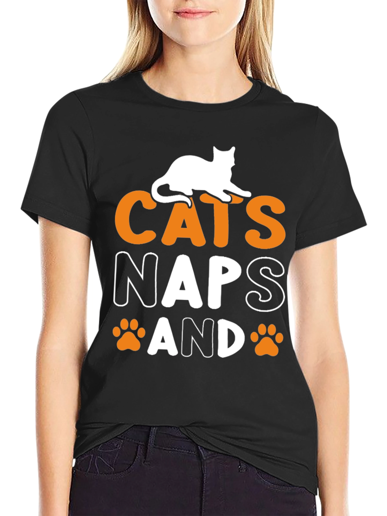 Cats Naps and Paw Prints Black Graphic Tee