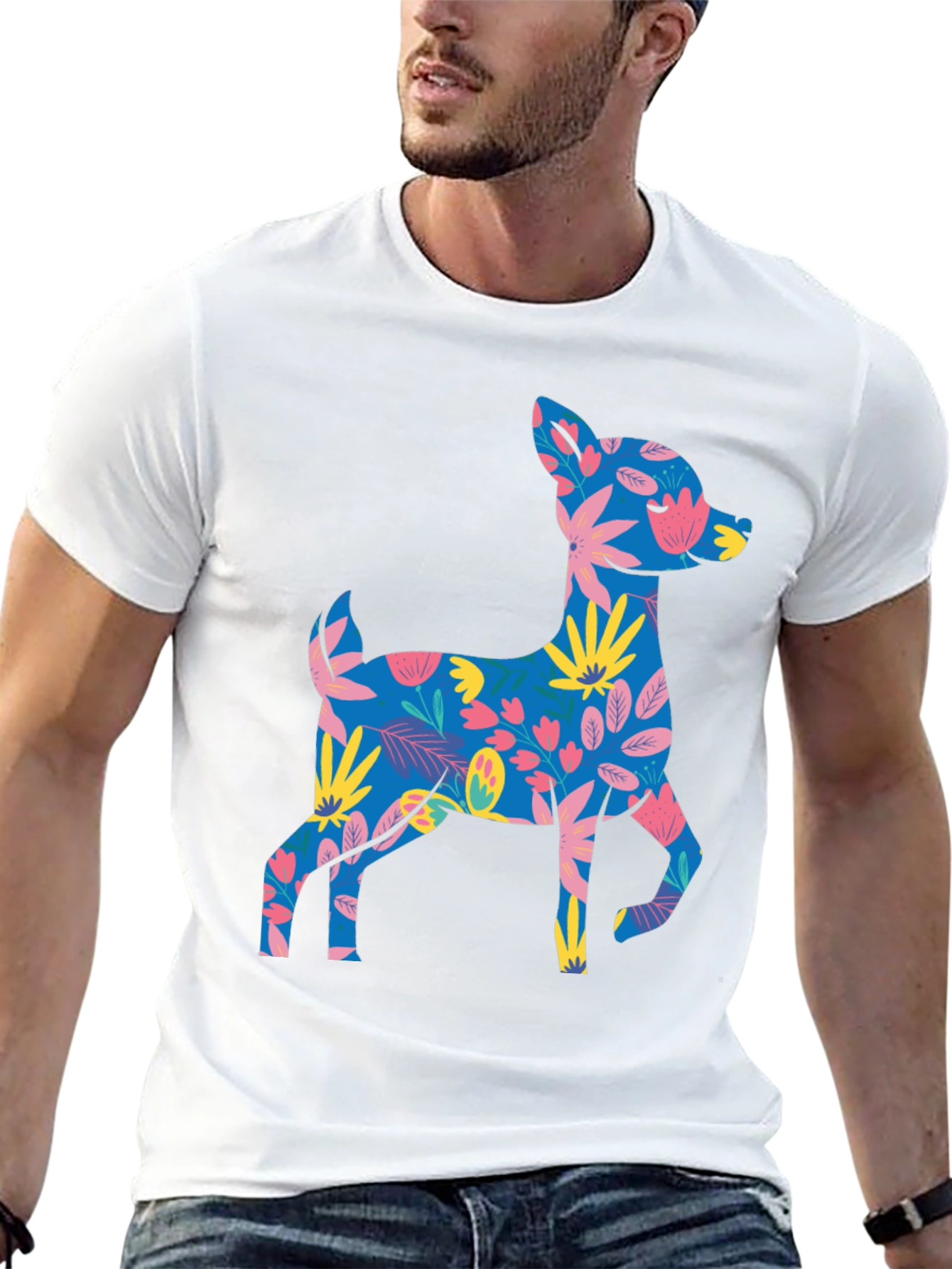 Floral Deer Graphic Tee - Mens Black T-Shirt
