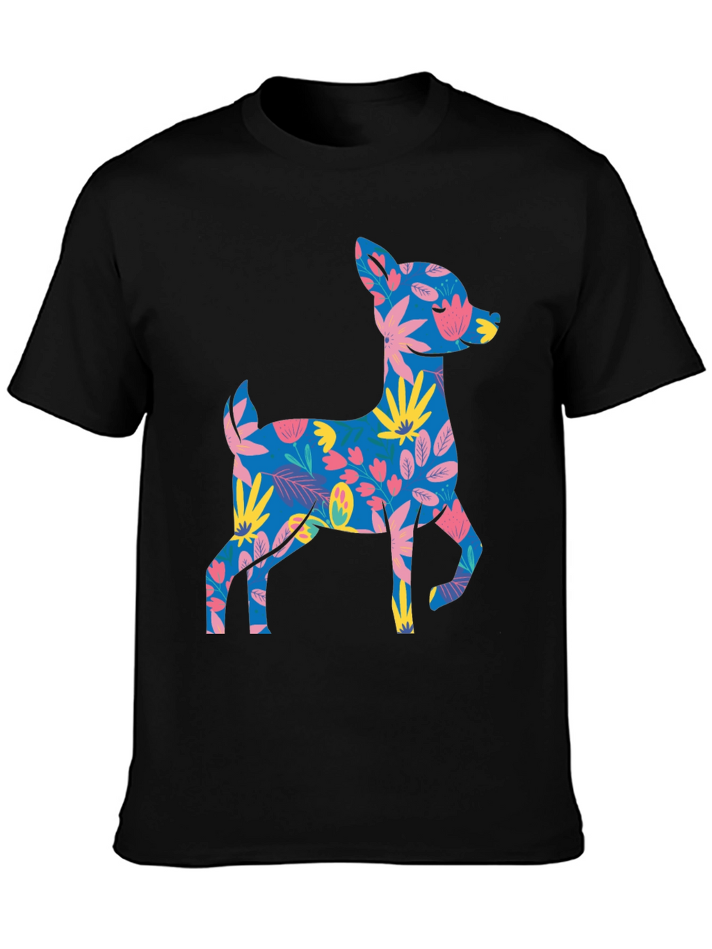 Floral Deer Graphic Tee - Mens Black T-Shirt