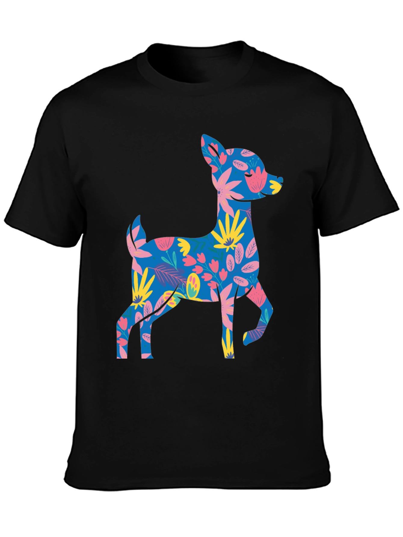 Floral Deer Graphic Tee - Mens Black T-Shirt