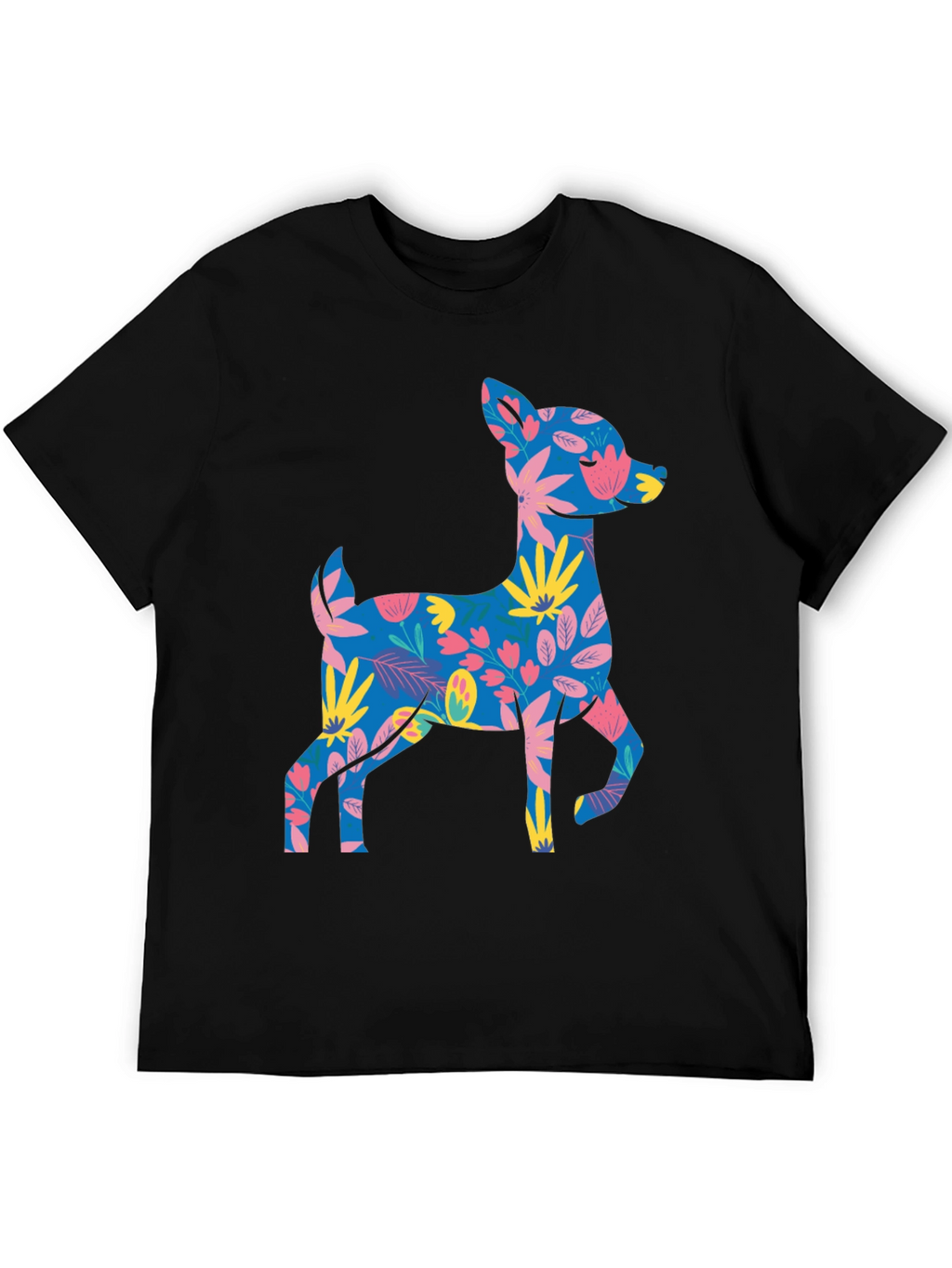 Floral Deer Graphic Tee - Mens Black T-Shirt