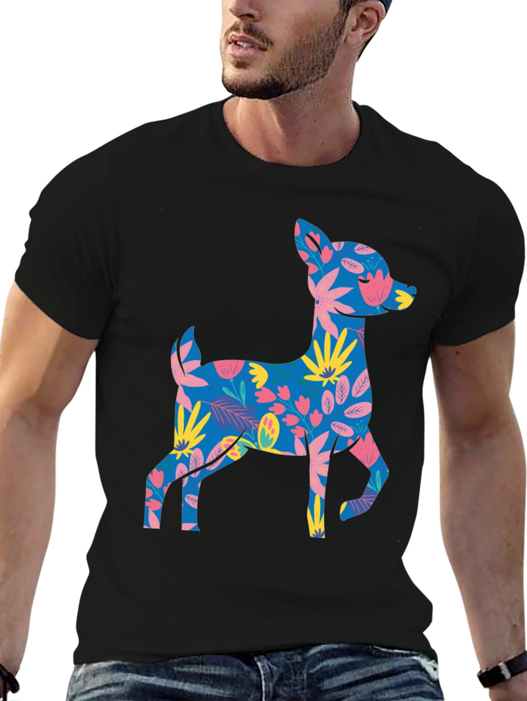 Floral Deer Graphic Tee - Mens Black T-Shirt