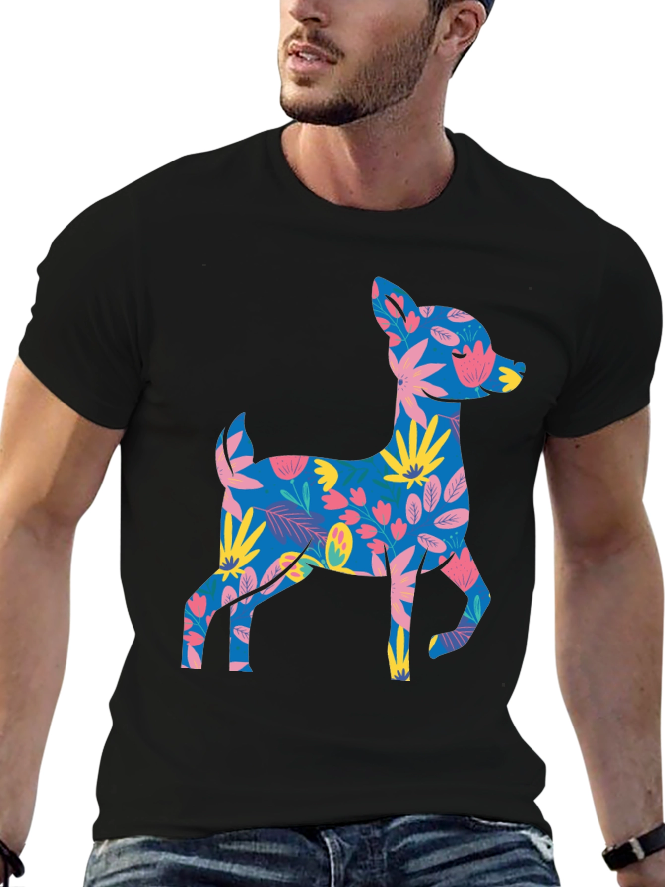 Floral Deer Graphic Tee - Mens Black T-Shirt