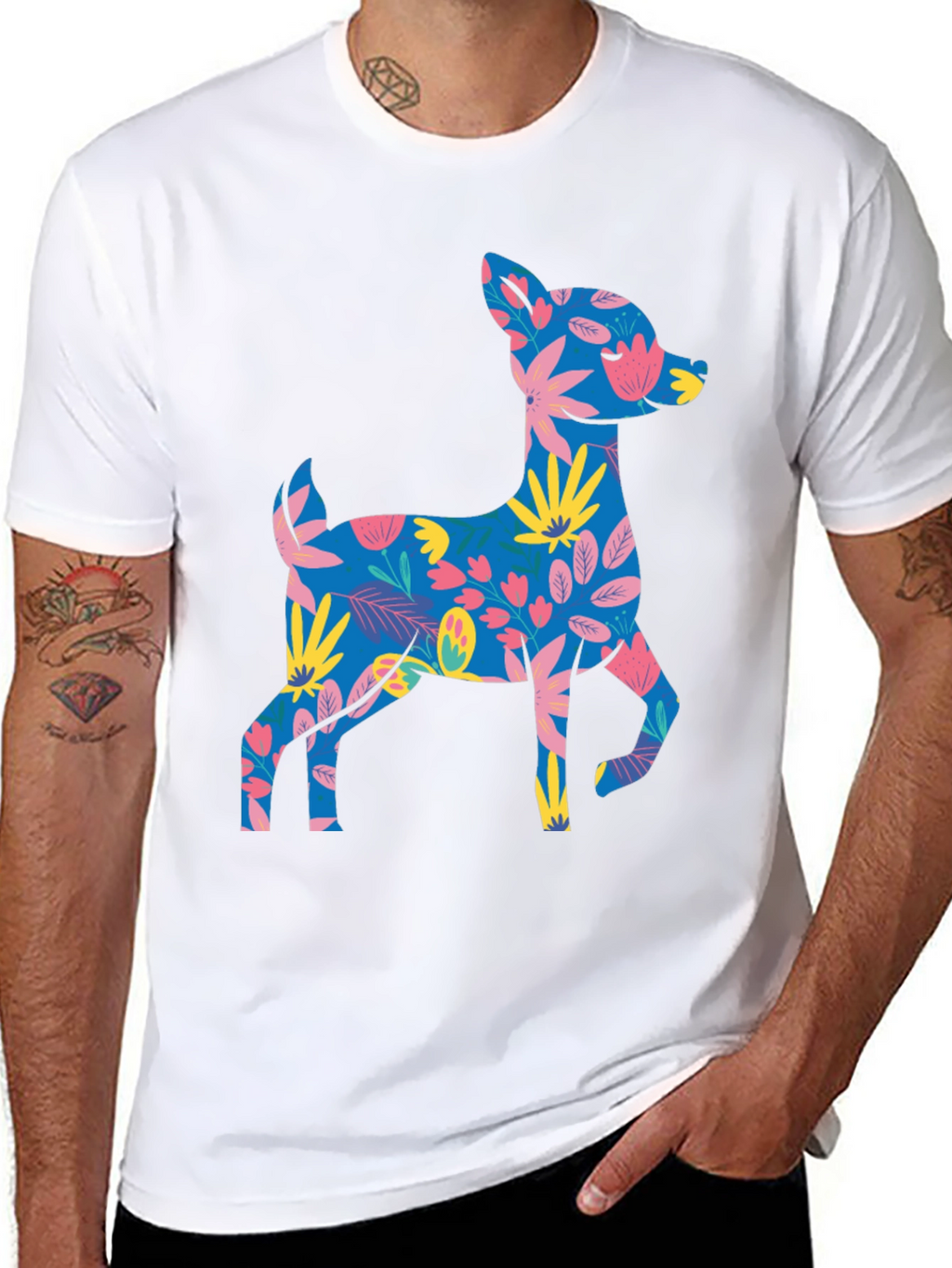 Floral Deer Graphic Tee - Mens Black T-Shirt