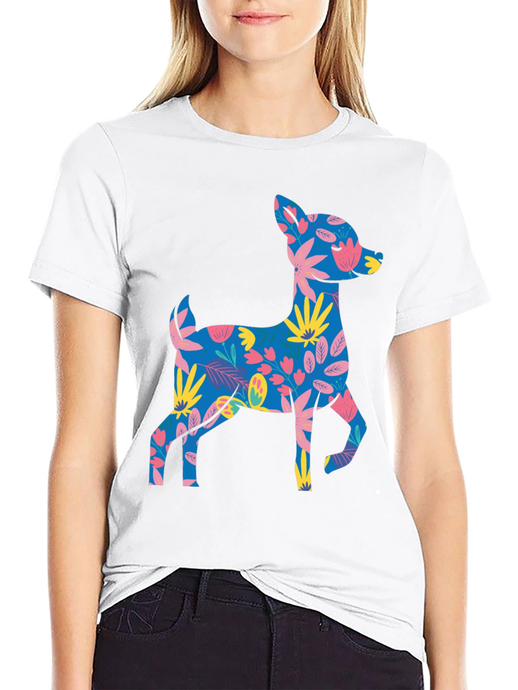 Floral Deer Graphic Tee - Mens Black T-Shirt