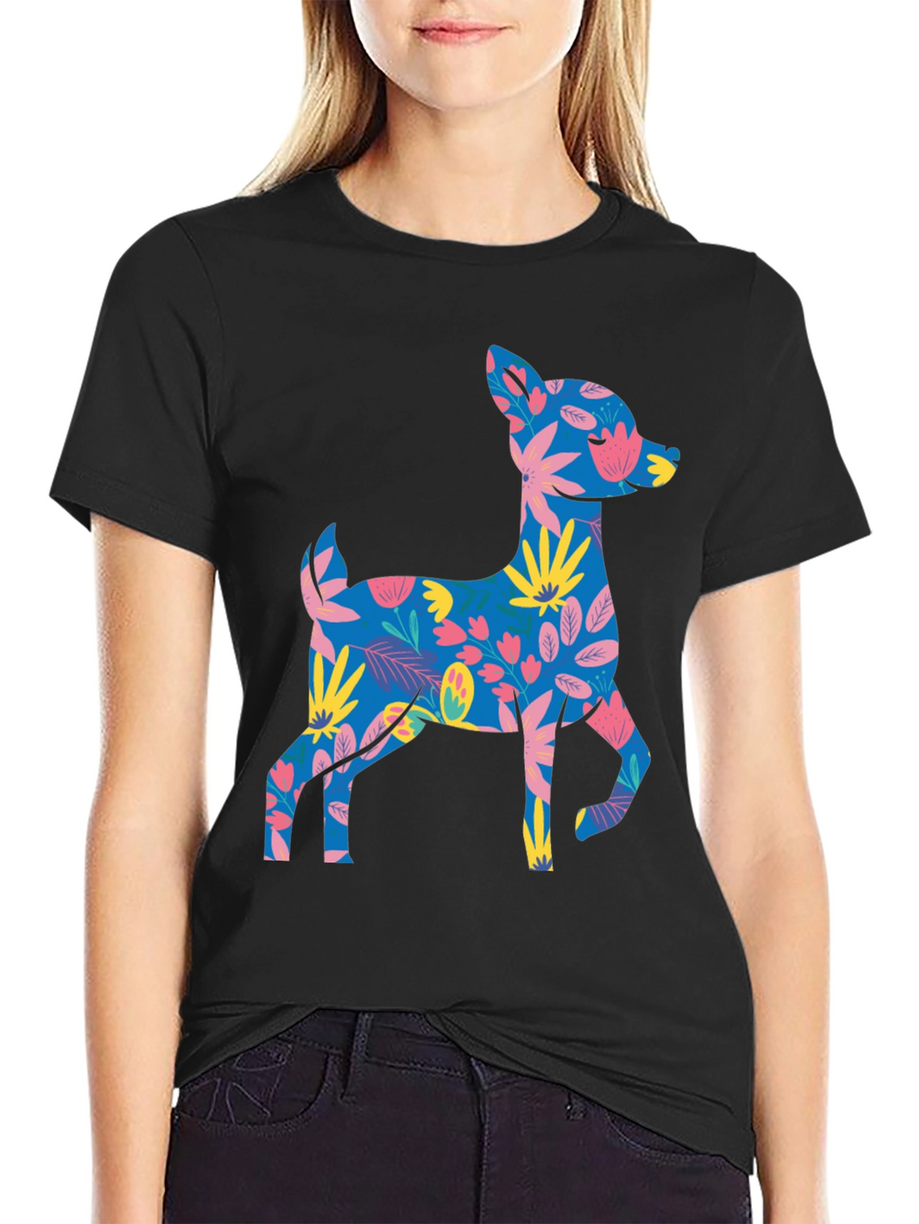 Floral Deer Graphic Tee - Mens Black T-Shirt