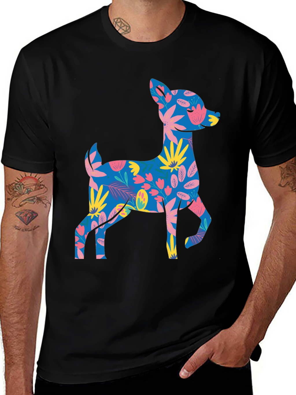 Floral Deer Graphic Tee - Mens Black T-Shirt