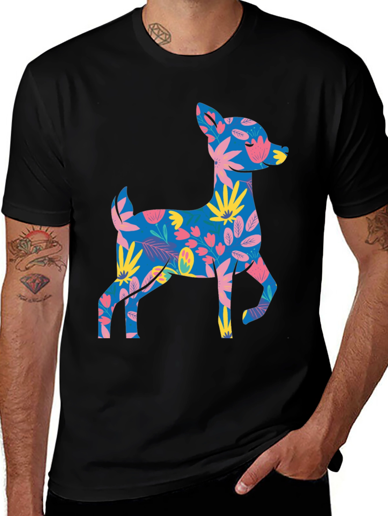 Floral Deer Graphic Tee - Mens Black T-Shirt