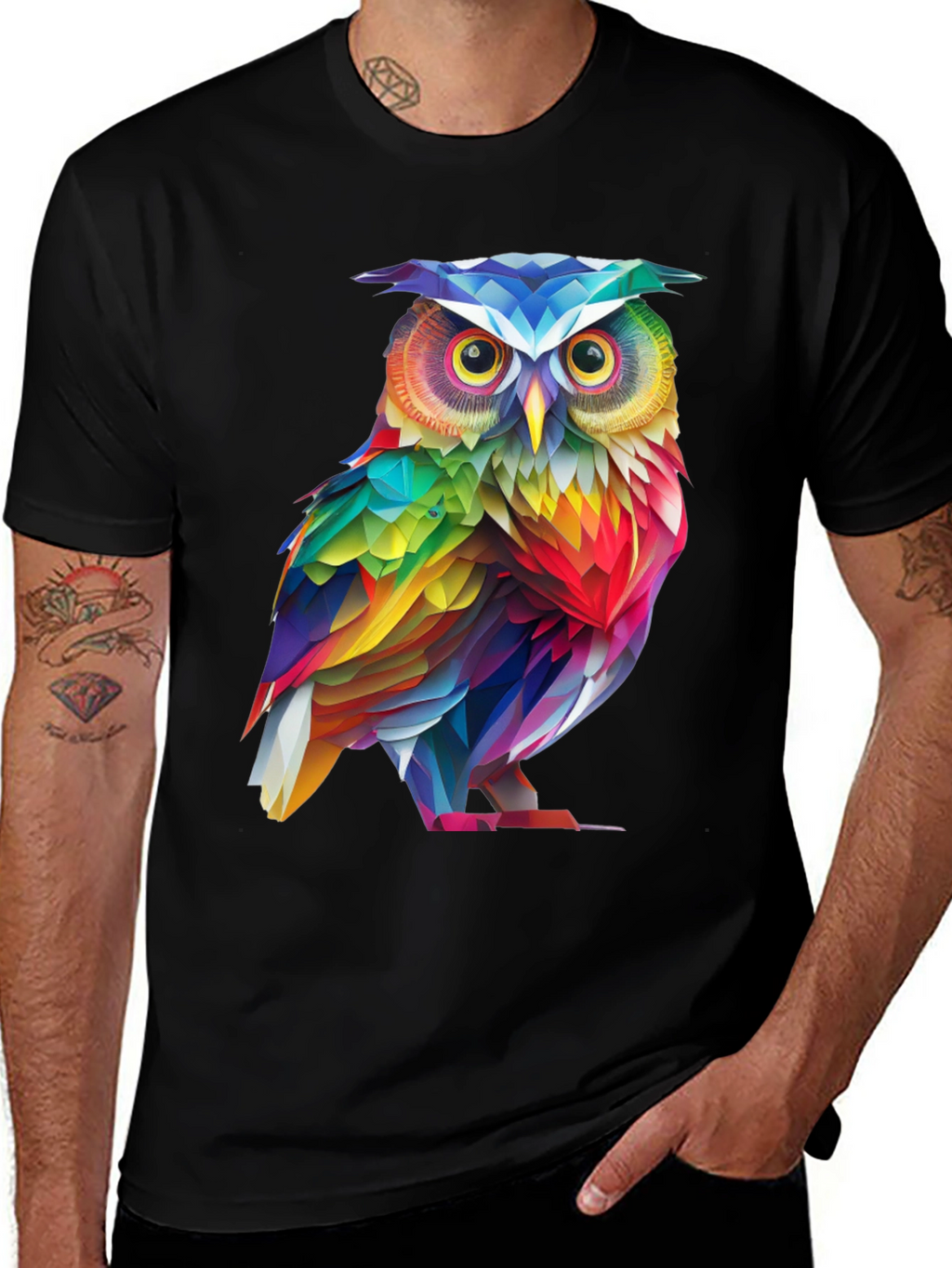 Rainbow Owl Graphic Tee - Mens Black T-Shirt