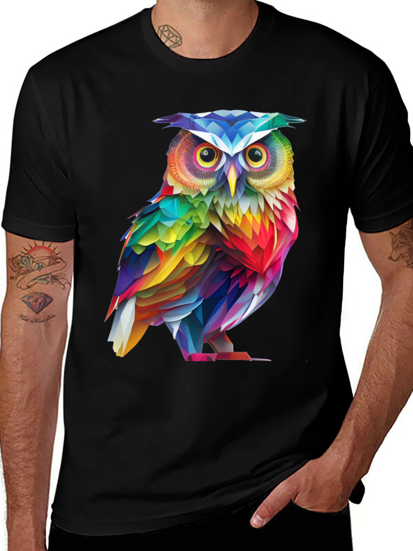 Rainbow Owl Graphic Tee - Mens Black T-Shirt