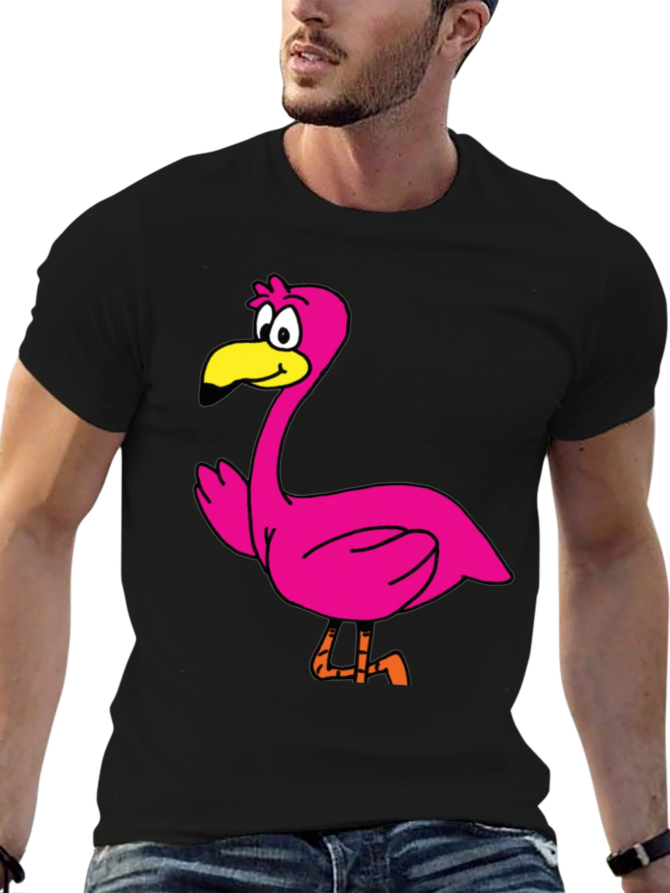Cartoon Flamingo Graphic Tee - Black Unisex T-Shirt