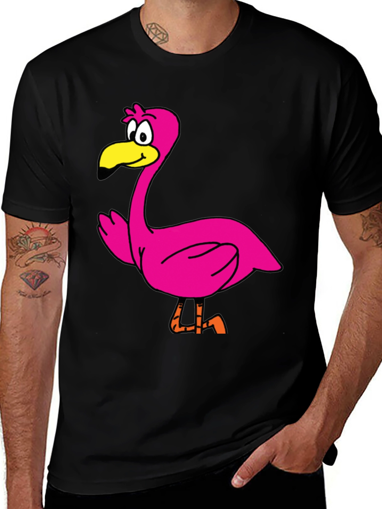 Cartoon Flamingo Graphic Tee - Black Unisex T-Shirt
