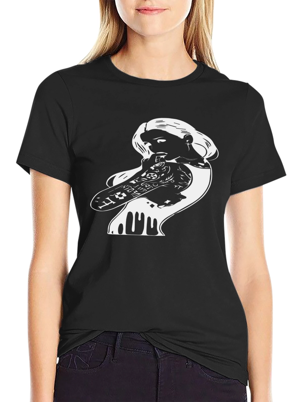 Skateboarding Girl Graphic Tee - Black Cotton T-Shirt