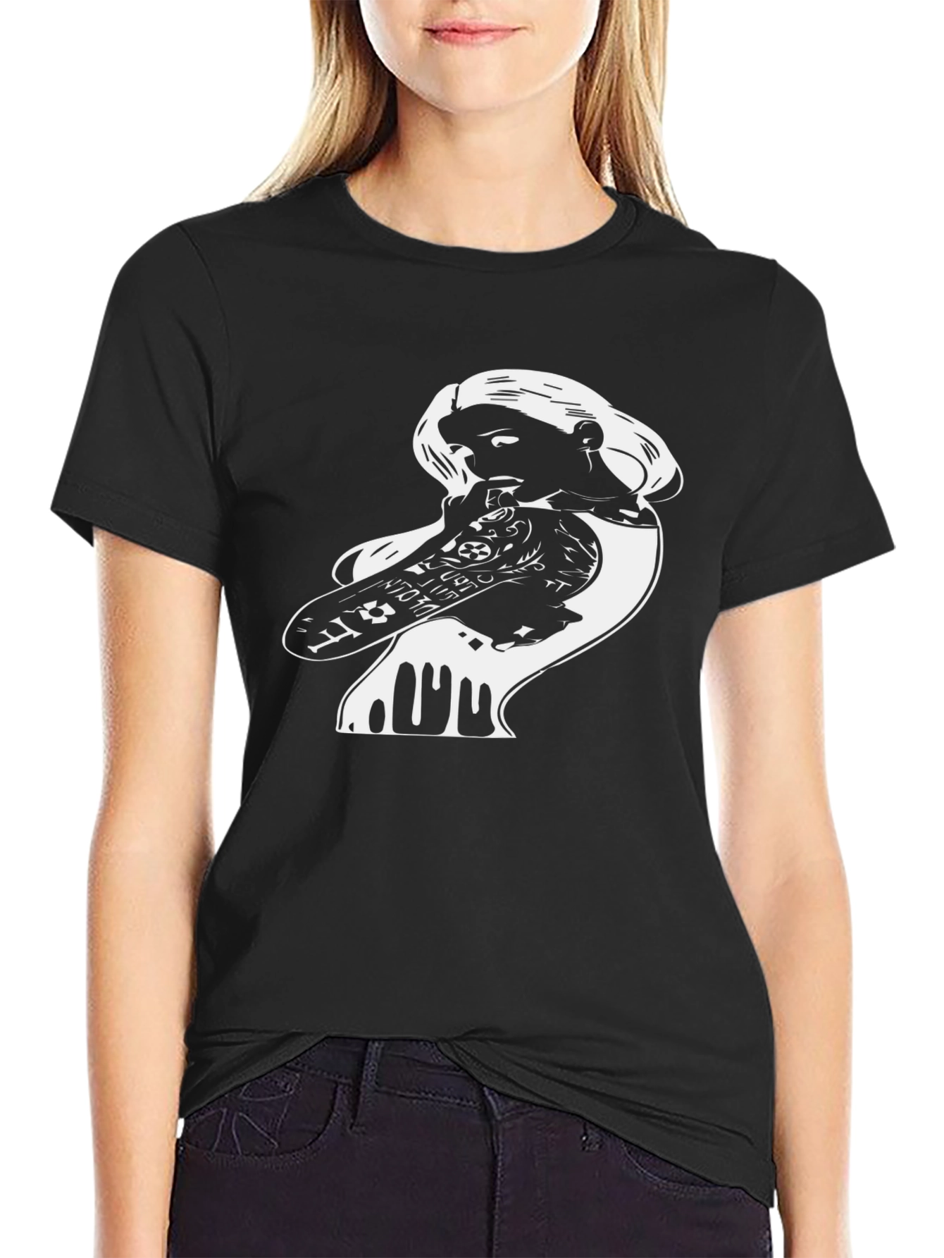 Skateboarding Girl Graphic Tee - Black Cotton T-Shirt
