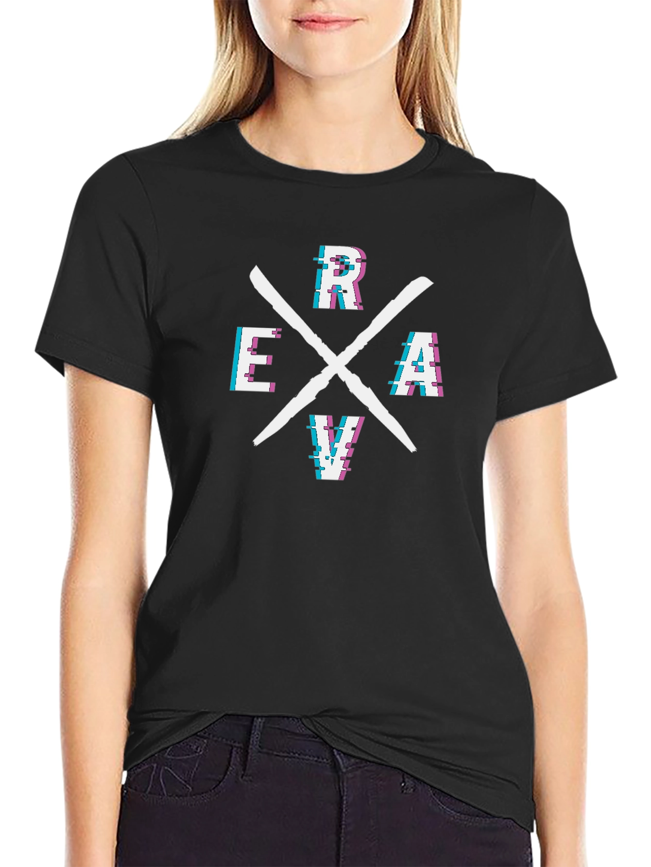 RAVE Glitch Style Graphic Tee - Black Cotton T-Shirt